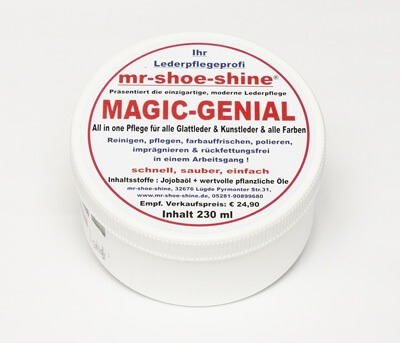 Magic-Genial® – das ultimative und moderne Lederpflegemittel des Herstellers mr-shoe-shine® mit dem Sie Leder reinigen, pflegen, farbauffrischen, polieren, imprägnieren und das alles rückfettungsfrei in einem Arbeitsgang! Magic-Genial® – das ultimative und moderne Lederpflegemittel des Herstellers mr-shoe-shine® mit dem Sie Leder reinigen, pflegen, farbauffrischen, polieren, imprägnieren und das alles rückfettungsfrei in einem Arbeitsgang!
